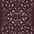 Symmetrisches Muster aus weißen Blumen und Blättern auf dunkelrotem Hintergrund.