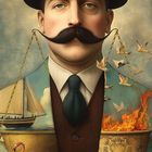 XIV Mäßigkeit. Ein Mann mit Hut, Waage auf seinem Bart; links ein Schiff, rechts Vögel und Flammen. Surrealistische Darstellung.