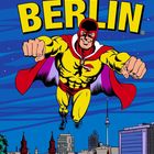 "CAPTAIN BERLIN" in großen gelben Buchstaben. Illustration: Superheld fliegt über Berlin, rotes Cape, gelbes Kostüm.