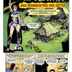 "Das Schwert der Tuatha: Das Vermächtnis der Göttin." Eine Kriegerin mit erhobenem Schwert vor Hütten, Figuren im Gespräch.