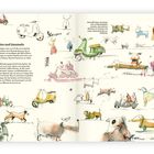 Texte: "Spielen und Sammeln", "Vespa", "Hund trifft Vespa". Illustration mit Skizzen von Hunden und Vespa-Rollern.