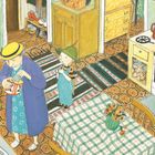 In der Küche: "SESAME" auf Einmachgläsern im Schrank. Eine ältere Frau rührt in einem Topf, ein Kind schaut zu.