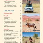 Die linke Seite zeigt ein Inhaltsverzeichnis zu Namibia, die rechte Seite Fotos: Auto, Oryx in der Wüste, zwei Menschen mit Pfeil und Bogen.