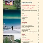 Vorwort, Sehenswürdigkeiten, Land und Leute, Geologie, Geschichte, Politik, Kunst und Kultur. Drei Fotos: Haus, Polarlicht, Fest.