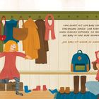 Text: „Papa kommt mit dem Baby vom Spaziergang zurück...” Illustration: Familie in Flur, fröhliche Begrüßung, bunte Kleidung.