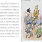 Links ein längerer Text über einen Diebstahl, rechts eine Illustration von Personen und Tieren, die nach oben schauen.