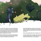 Text erzählt von der Suche nach "Barney". Illustration: Hund in Büschen mit Verband, Person geht, Radfahrer fährt vorbei.