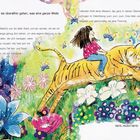 Teil Drei: In dem sie überallhin gehen, was eine ganze Weile dauert. Ein Mädchen reitet auf einem Tiger durch einen bunten Wald.