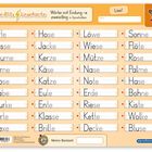 Illustration mit zweisilbigen Wörtern: "Affe", "Tasse", "Blume", "Birne", "Löwe", "Wiese", "Sonne", "Flöte" und mehr.