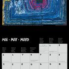 Kalender für Mai 2027 mit Feiertagen. Oben ein buntes, abstraktes Gemälde mit intensiven Blau- und Rot-Tönen.