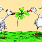 Zwei Enten zerren an einem Kleeblatt. Eine sagt: „Jeder hat ein Anrecht auf ein bisschen Glück!“, die andere: „Ich aber zuerst!“