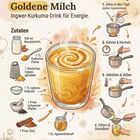 Goldene Milch: Ingwer-Kurkuma-Drink für Energie. Zutaten: Mandelmilch, Kurkuma, Ingwer, Kokosöl, Pfeffer, Zimt, Agavendicksaft.