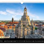 Mai, Frauenkirche auf dem Neumarkt, Kalenderansicht mit Wochentagen und Feiertagen vor einer Panoramaaufnahme von Dresden.