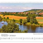 Mai-Kalender mit Feiertagen und einem Fluss mit Bäumen und Landschaft im Hintergrund.