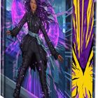 Eine Illustration mit einer Frau in dunkler Kleidung, violettes Energiefeld, futuristische Stadt im Hintergrund.