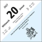 2027, Mittwoch, 20. Januar. Fabian u. Sebastian, Ursula, Hadwin, Maria Ward. Zitat: Bernhard Huber. Illustration eines Mannes.