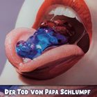 "Der Tod von Papa Schlumpf. Ein Gemälde mit großem Mund, roten Lippen und blauer Fruchtgummi-Figur auf der Zunge."
