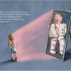 Ein Junge blickt lächelnd in einen Spiegel und sieht sich als Astronaut. Sterne und ein rosa Licht umgeben ihn.