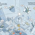 Ein Raum in Blautönen mit einem schlafenden Kind im Bett, umgeben von fliegenden Plüschtieren und kleinen Monstern.