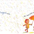 „Julie mag den Regen nicht … aber Jessie hält sie trocken.“ Bunt gezeichnete Szene mit Kind und Hund unter einem Schirm.