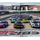 Text: "CARRERA CUP". Eine Rennstrecke mit vielen Rennwagen, die dicht beieinander stehen. Es gibt Zuschauertribünen.