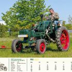 Mai 2027, VEB Traktorenwerk Schönebeck Typ RS 08/15. Grüner Traktor auf Wiese, Mann beim Fahren.