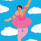 Illustration: "Mary" und Tattoos auf einem Arm. Eine Person in rosa Ballettkleid tanzt fröhlich zwischen Wolken am blauen Himmel.