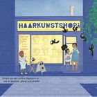 „Haarkunstshop“. „Cornrows, Twists, Braids, Locs, Weaves, Extensions“. Frau und Kind vor Laden, bunte Zöpfchen um sie herum.