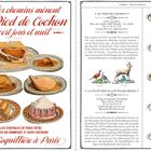 Text: "Tous les chemins mènent Au Pied de Cochon Ouvert jour et nuit." Illustration: Teller mit Fleischgerichten.