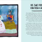 Text: "DIE ZWEI FRIDAS VON FRIDA KAHLO". Illustration von zwei Figuren mit Hundeköpfen, verbunden durch rote Adern.