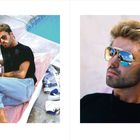Links: "200 • GEORGE MICHAEL", rechts: "SAINT-TROPEZ • 201". Links liegende Person mit Sonnenbrille, Jeans. Rechts Porträt.