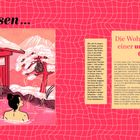Texte: "Onsen...", "Die Wohltaten einer uralten Quelle". Illustration: Frau in rotem Wasser, Affe auf Baum, Berge im Hintergrund.