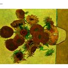 "Fünfzehn Sonnenblumen", "August 1888 Arles". Gemälde: Sonnenblumen in einer Vase, dominantes Gelb und Grün.