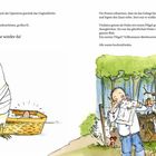 Text: "Vindaloo war wieder da!" Ein bandagiertes Huhn, das stolz neben einem Nest mit einem Ei steht. Rechts Menschen bei Bauarbeiten.