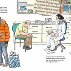 "Mit mehr Geld kann man sich besser um die Gesundheit kümmern." Illustrationen von Menschen in verschiedenen Situationen.