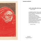 Text: "FRIEDERIKE MAYRÖCKER", Titel: "ich schreibe dir ins Jenseits", Illustration: Rot-schwarzer Holzschnitt eines Gesichts.
