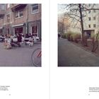 Links: „KAFFEEMITTE“ mit Straßencafé und Menschen. Rechts: „Alexander Street, Berlin“ mit Gehweg und Wohngebäude.