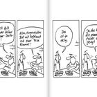 Eine vierteilige Comic-Illustration mit zwei Personen vor Schüsseln. Dialoge über Essen und alte Gewohnheiten.