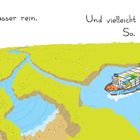 Links gießt ein Panda Wasser aus einem Behälter in einen Fluss. Rechts schwimmen Schiffe im Fluss. Eine Illustration.