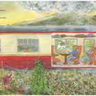 Text: "Frühmorgens schau ich aus dem Fenster. Felder und Wiesen ziehen vorbei. In der Ferne tauchen Hügel auf; die Sonne steigt hoch und leuchtet dabei." 

Illustration: Ein Zug mit Tieren als Passagiere, die Landschaft beobachten; im Vordergrund ein Garten mit Pflanzen und zwei Figuren.