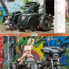 Mai-Kalenderblatt mit Motorrad, Frau posiert. Graffiti-Hintergrund. Text: Harley Davidson Street Glide, Trike Shop, METZELER.