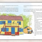 Textpassage auf den Seiten 36 und 37 eines Buches. Illustration eines gelben Hauses mit roten und blauen Details, daneben ein Holzschuppen mit Pferd.