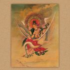 Eine Göttin mit einem Heiligenschein reitet auf einem Schwan in einer himmlischen, farbenfrohen Illustration.