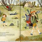 Text: „Trotzdem haben wir uns schon eingespielt...“ 
Illustration: Ein Junge mit Fernglas und vollgepacktem Rucksack, Wiese, Baumhaus, Mädchen klettert.