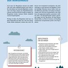 Der Text enthält Überschriften wie "DER MORGENKREIS", "WISSENSSCHATZ" und "IMPULSFRAGEN FÜR DIE KINDER". Darunter werden Themen wie die Bedeutung des Morgenkreises, flexible Reaktionen auf Kinderbedürfnisse und verschiedene Impulsfragen behandelt. Am unteren Rand sind stilisierte Bäume und Wolken als Illustrationen zu sehen.