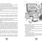 Seiten mit Text, einige sprechen über Abenteuer. Rechts eine Illustration: Eine Figur jubelt vor einem Fernseher.