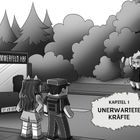 Kapitel 1: Unerwartete Kräfte. Zwei blockartige Figuren in Fantasywelt, ein Bus mit der Aufschrift „23 Sommerfeld HBF“.