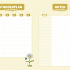 Links steht „STUNDENPLAN 2. Halbjahr“ und rechts „NOTEN 2. Halbjahr“. Unter beiden Überschriften sind Tabellen. Links eine Blume, rechts Blumen und ein Schmetterling.