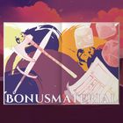 "BONUSMATERIAL" steht groß unten. Illustration mit Axt, Schwert, Würfeln und Papier auf buntem Hintergrund.