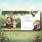 Texte: „Ach Mieze, wo kannst du nur sein“, seufzt eine Omi. Illustration: Omi auf Bank mit Kind, Katze im Baum.